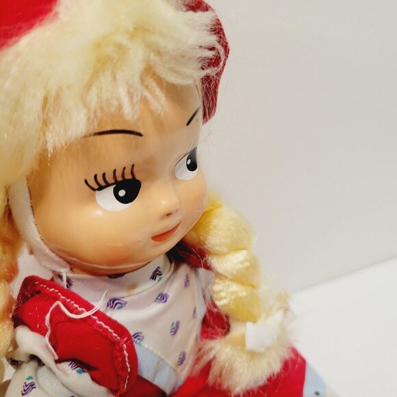 Vtg Rag Doll With Red Dress Hat Patterned Shirt Blonde Braided Hair Red Shoes - Picture 6 of 8